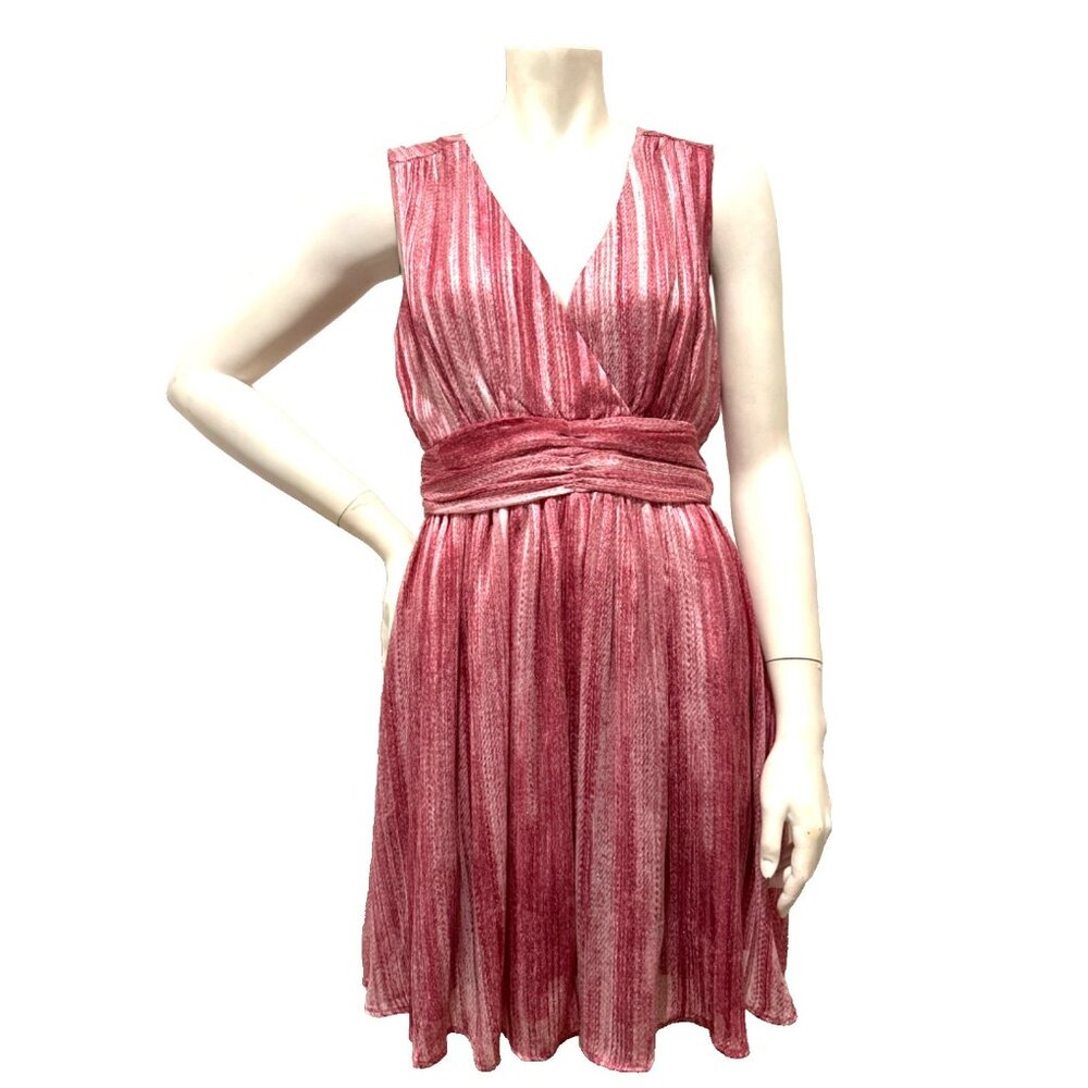 AQUA S Faux Wrap Pink Shimmer Metallic Skater Empire Keyhole Barbie Dress EUC